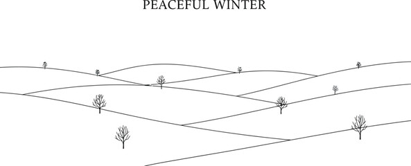 Minimalist winter landscape with snow covered hills and bare trees artwork