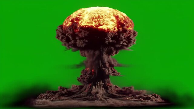 Nuclear Explosion Mushroom Cloud on Green Screen Background.