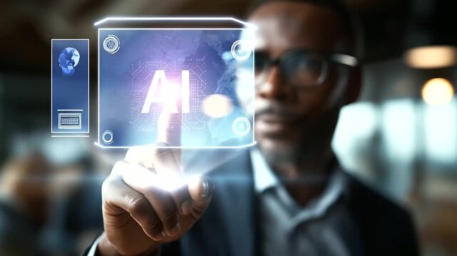 AI technology concept crop below eyes background softly defocused artificial intelligence for business data analysis businessman with AI assistant icon on virtual screen intel