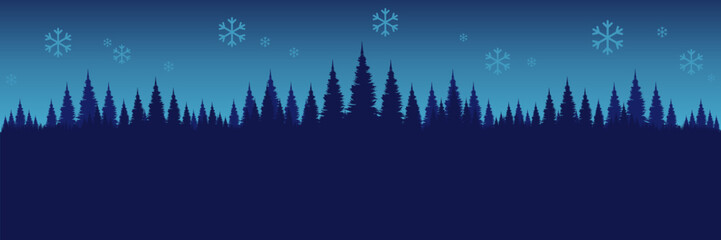 Wide screen Christmas holiday banner featuring a snowy forest silhouette and a large blue copy space for text.
