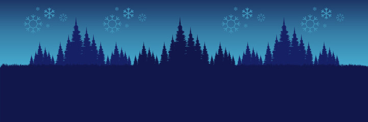 Minimalist flat design winter landscape with a pine forest at night and a snowy sky for a seasonal website.