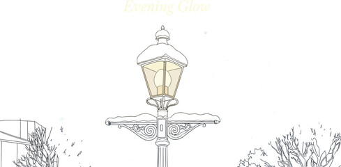 Snow falls on a vintage lamppost illuminating a quiet winter evening scene
