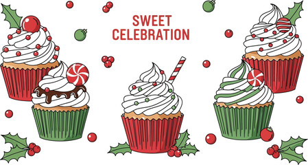 Festive christmas cupcakes with holiday decorations for a sweet celebration