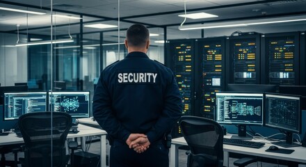 Guardians of Data: A dedicated security guard stands watch, the word SECURITY emblazoned on their uniform, while behind them, a server room hums with activity, filled with servers and data streams.