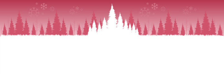Wide screen holiday banner with a minimalist snowy forest in red and pink tones with large copy space.