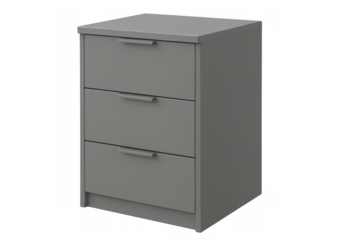 Three drawer grey commode providing storage for home or office, bedroom furniture on transparent background