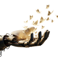 Robot hand releasing butterflies isolated on transparent background, symbolizing freedom, technology, and the delicate balance between nature and machine