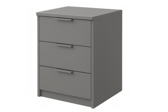 Three drawer grey commode providing storage for home or office, bedroom furniture on transparent background