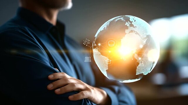 AI in e learning platform (variant) crop below eyes background softly defocused online education webinars recorded classes businessman with virtual e learning icons with cop