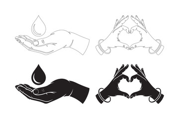Set of four hand gestures and symbols in black and white line art