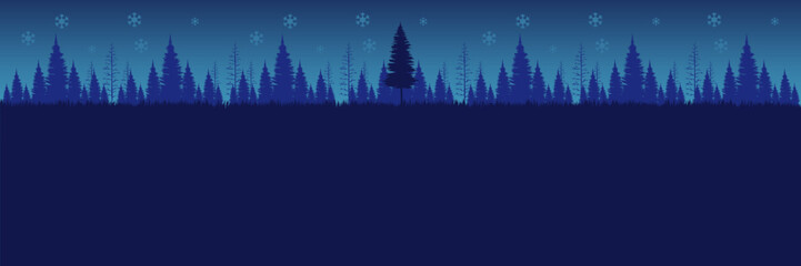 Atmospheric blue Christmas night scene with a silhouette pine forest and falling snow for a holiday greeting card.