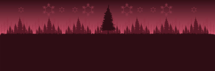Panoramic Christmas night background with a red forest silhouette snowflakes and large copy space.