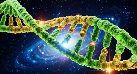 Green and golden helix structure on starry background, symbolizing genetics, biology, and scientific advancement, perfect for health or research topics