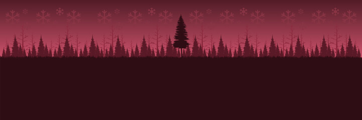 Wide screen holiday banner in a dark red theme with a winter forest and blank space for text.
