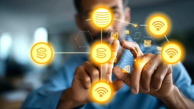 AI in finance and accounting crop below eyes background softly defocused preparing tax return with AI tools paycheck documentation fee incentives businessman with virtual