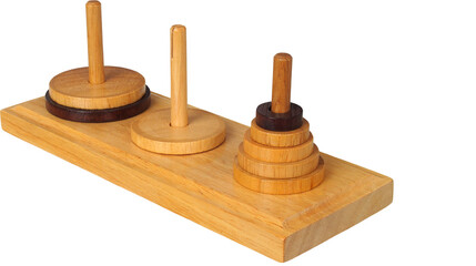 Wooden Tower of Hanoi puzzle with circular discs on pegs for brain training, education, and strategy concept, isolated on transparent background, PNG.