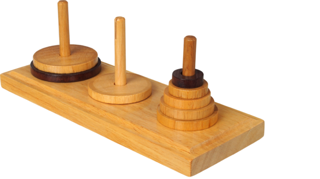 Wooden Tower of Hanoi puzzle with circular discs on pegs for brain training, education, and strategy concept, isolated on transparent background, PNG.
