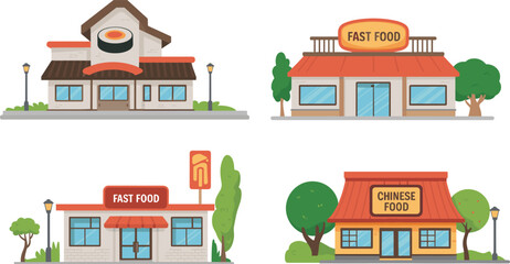 Cartoon restaurant vector set with sushi, fast food, and Chinese cuisine buildings for food, branding, business, and urban themes