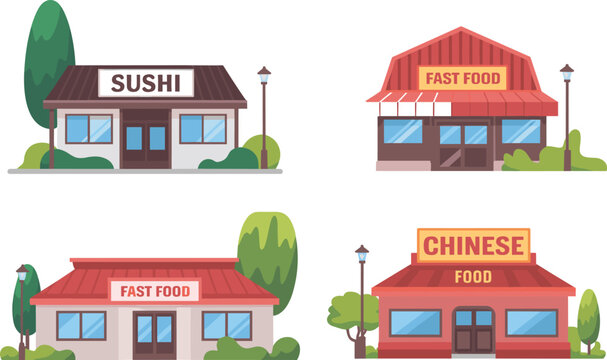 Cartoon restaurant vector set with sushi, fast food, and Chinese cuisine buildings for food, business, branding, and urban themes