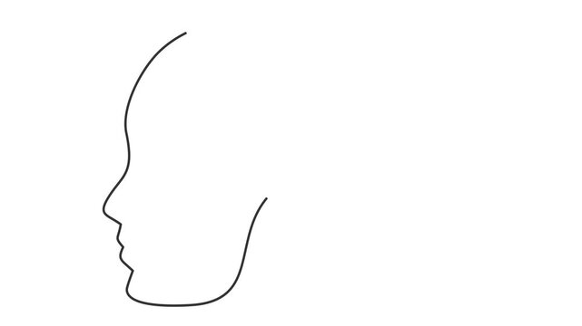 Animated self drawing of continuous line draw of head with plug inside. Man Robot Brain Artificial Intelligence Logo. Full length one line animation. 4K