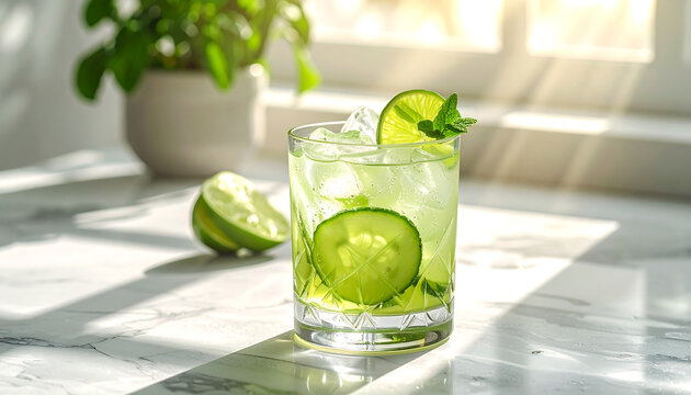 A vibrant and refreshing cucumber lime cooler cocktail with mint, illuminated by bright sunlight on a marble surface
