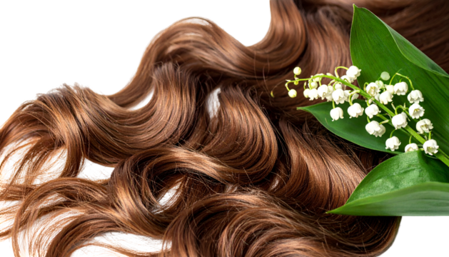 A close-up of flowing, brown wavy hair with a sprig of white lily of the valley