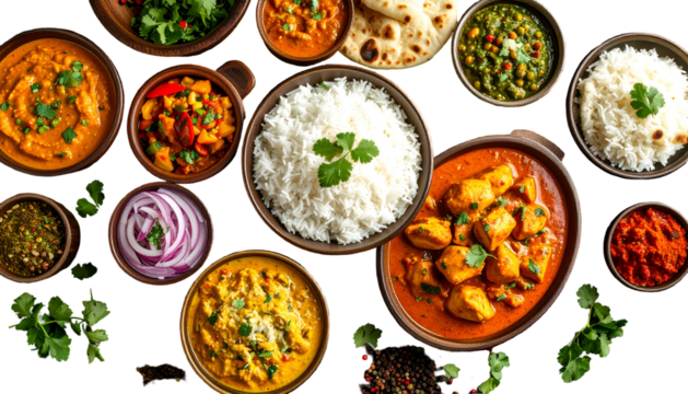 Overhead shot of numerous bowls filled with colorful Indian cuisine