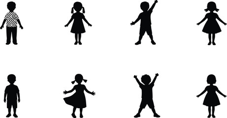 Children silhouette illustration, playful poses, matching activity concept, cartoon kids in dresses and shirts, educational visual, black figure comparison set