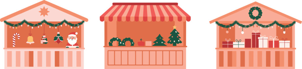 Christmas market stalls, holiday gift booths, festive decorations, candy cane ornaments, wrapped presents, Christmas trees, seasonal vendor setup, winter celebration scene