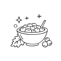 Bowl of cranberry sauce with spoon and leaf in minimal black line art style with sparkles