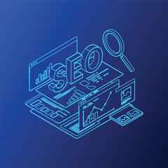 Isometric Seo Concept Vector Graphic with Magnifying Glass Website Analytics and Data Charts for Search Engine Optimization and Digital Marketing Strategies