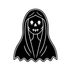 Cute cartoon grim reaper with skull face and flowing dark cloak on white background