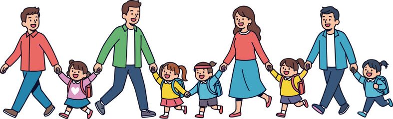 Cartoon group walking together, adults and children holding hands, school outing scene, backpacks, safety, community care, educational illustration, vector art, white background