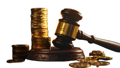 Gavel beside coin stacks and scattered currency. Dark background suggests depth, finance, legal