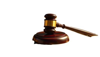 A wooden gavel and sound block sit on a black background, suggesting law and order
