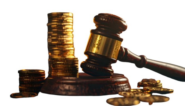Gavel beside coin stacks and scattered currency. Dark background suggests depth, finance, legal
