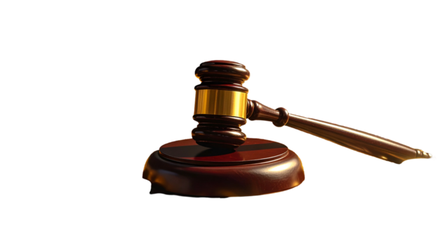 A wooden gavel and sound block sit on a black background, suggesting law and order