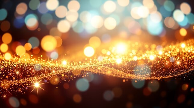 Abstract golden glitter wave and vibrant bokeh lights backdrop