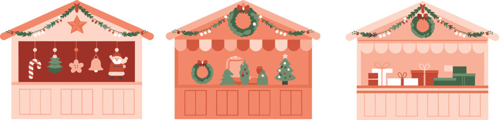 Holiday market stalls, Christmas gift booths, festive decorations, garland and wreath decor, seasonal vendor setup, winter celebration, candy cane ornaments