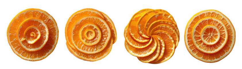 Four swirling orange citrus fruit slices, isolated on transparent background