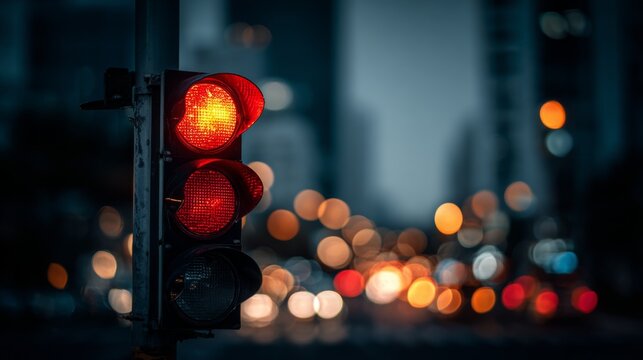 Red traffic light illuminated at night in a bustling city, showcasing urban life and road safety amidst vibrant bokeh background effects.