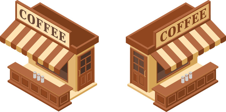 Isometric coffee kiosk, dual angle illustration, striped awning design, wooden counter setup, takeaway coffee stand, compact café structure, shop concept art