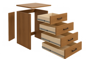 Exploded view of a wooden chest of drawers, furniture assembly, diy instructions, wooden cabinet parts