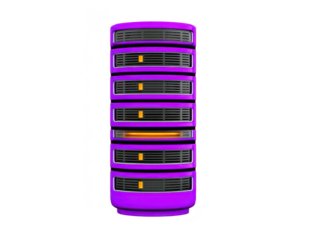 Purple server tower with multiple black and yellow vented panels, modern technology design, isolated transparent background, suitable for data center, cloud computing, or network infrastructure