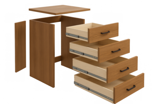 Exploded view of a wooden chest of drawers, furniture assembly, diy instructions, wooden cabinet parts