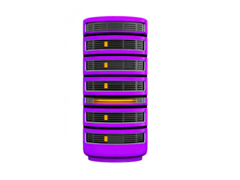 Purple server tower with multiple black and yellow vented panels, modern technology design, isolated transparent background, suitable for data center, cloud computing, or network infrastructure