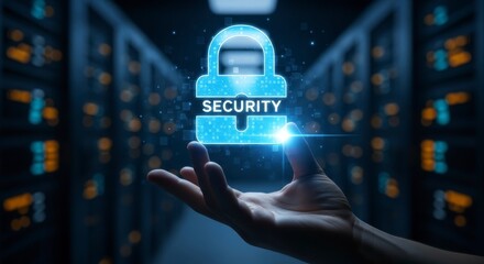 Cyber Security: A digital lock, symbolizing protection, is held in the palm of a hand, highlighting the importance of securing information in the digital age.