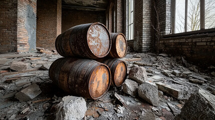 Rusty metal barrels stacked in abandoned industrial room with crumbling concrete and peeling brick, moody decay and hazardous residue visible