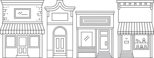 Storefront architecture illustration, black and white line art, urban shop designs, retail facade styles, business entrance icons, minimalist building sketches