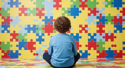 Child sitting in front of colorful puzzle wall in playful environment